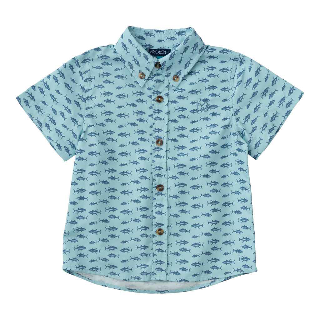 Prodoh Short Sleeve Fishing Shirt, Aqua Tuna Allover Print 4T