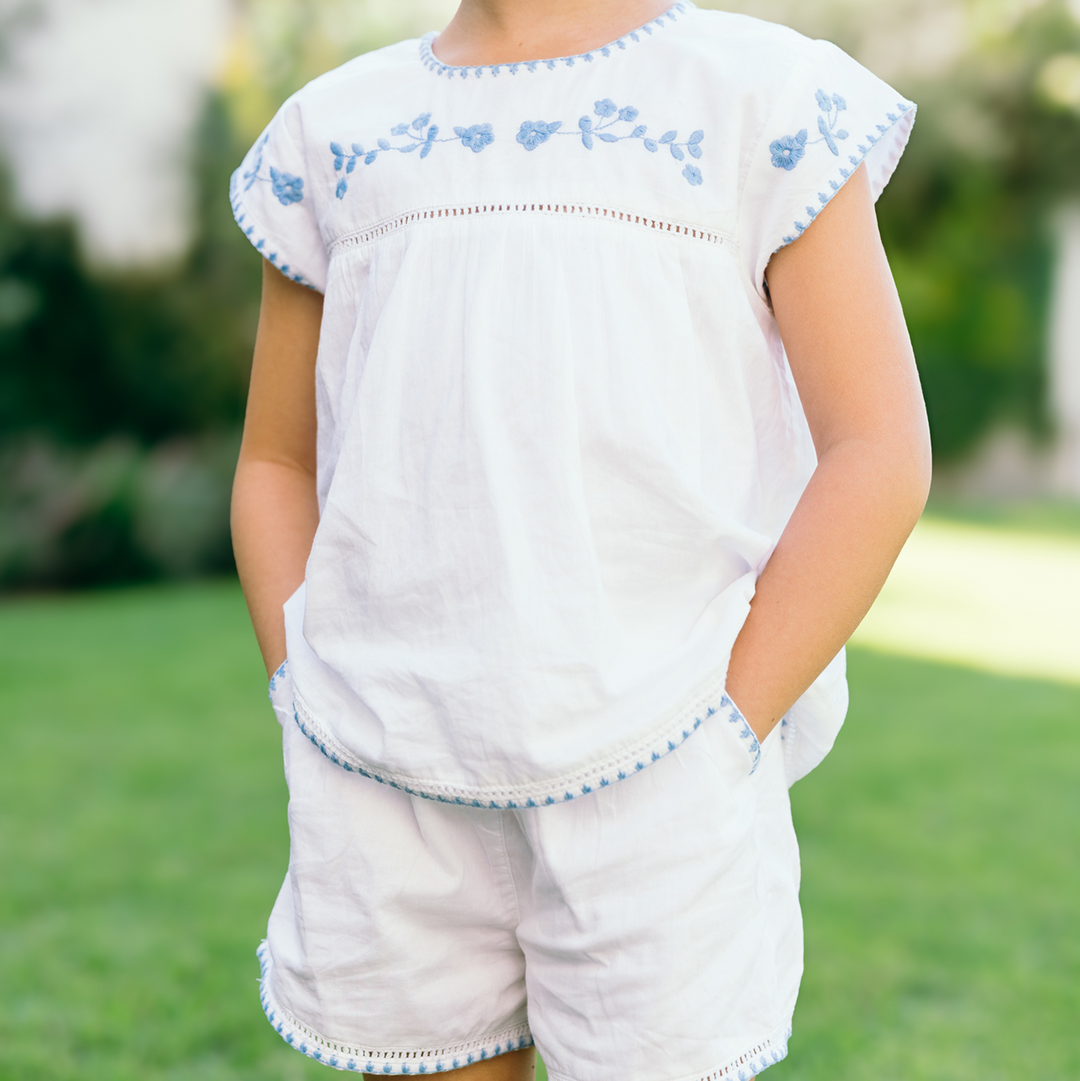 Minnow White Embroidered Top and Short with Dusk Blue Embroidery