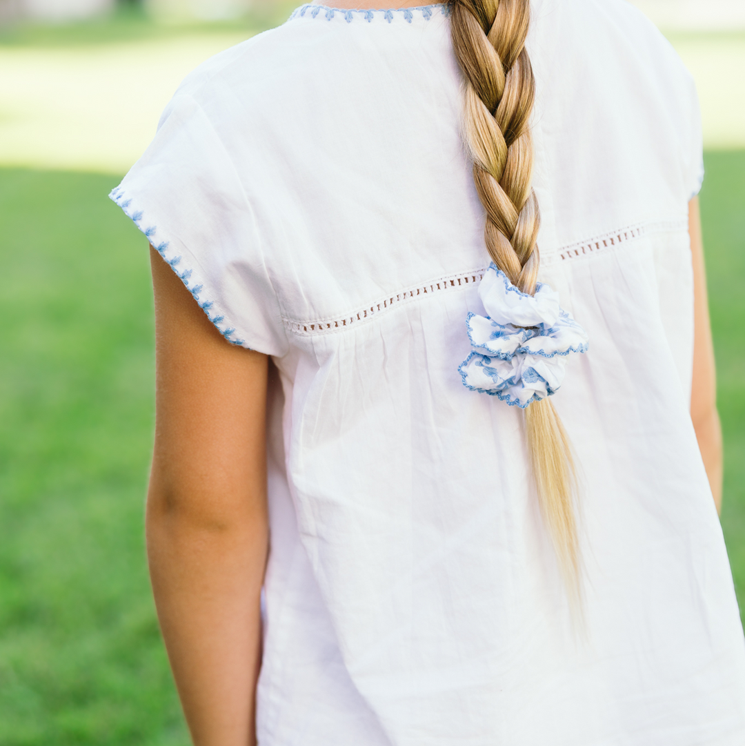 Minnow White Embroidered Top and Short with Dusk Blue Embroidery