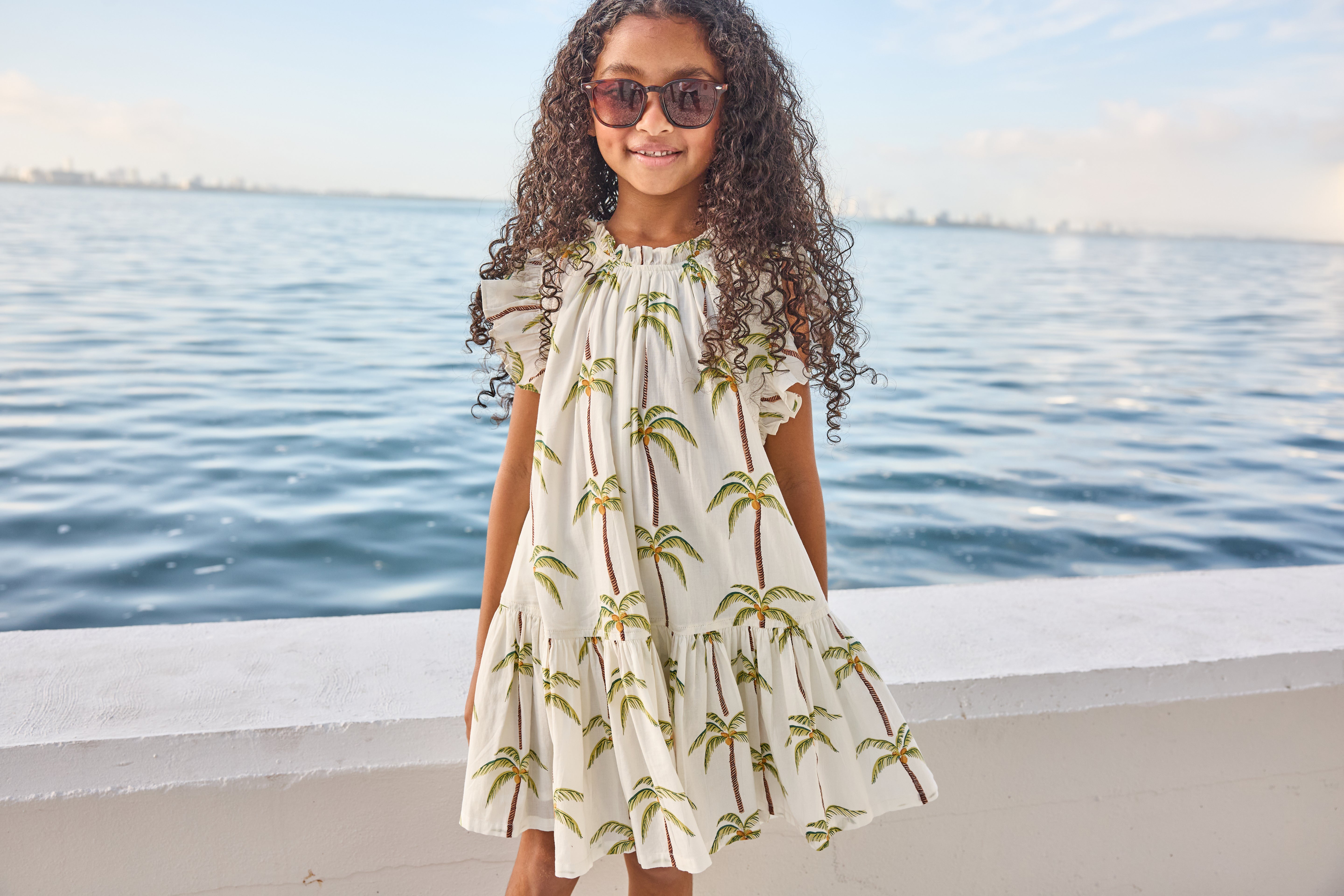 Pink Chicken Harper Dress, Cream Palm Trees