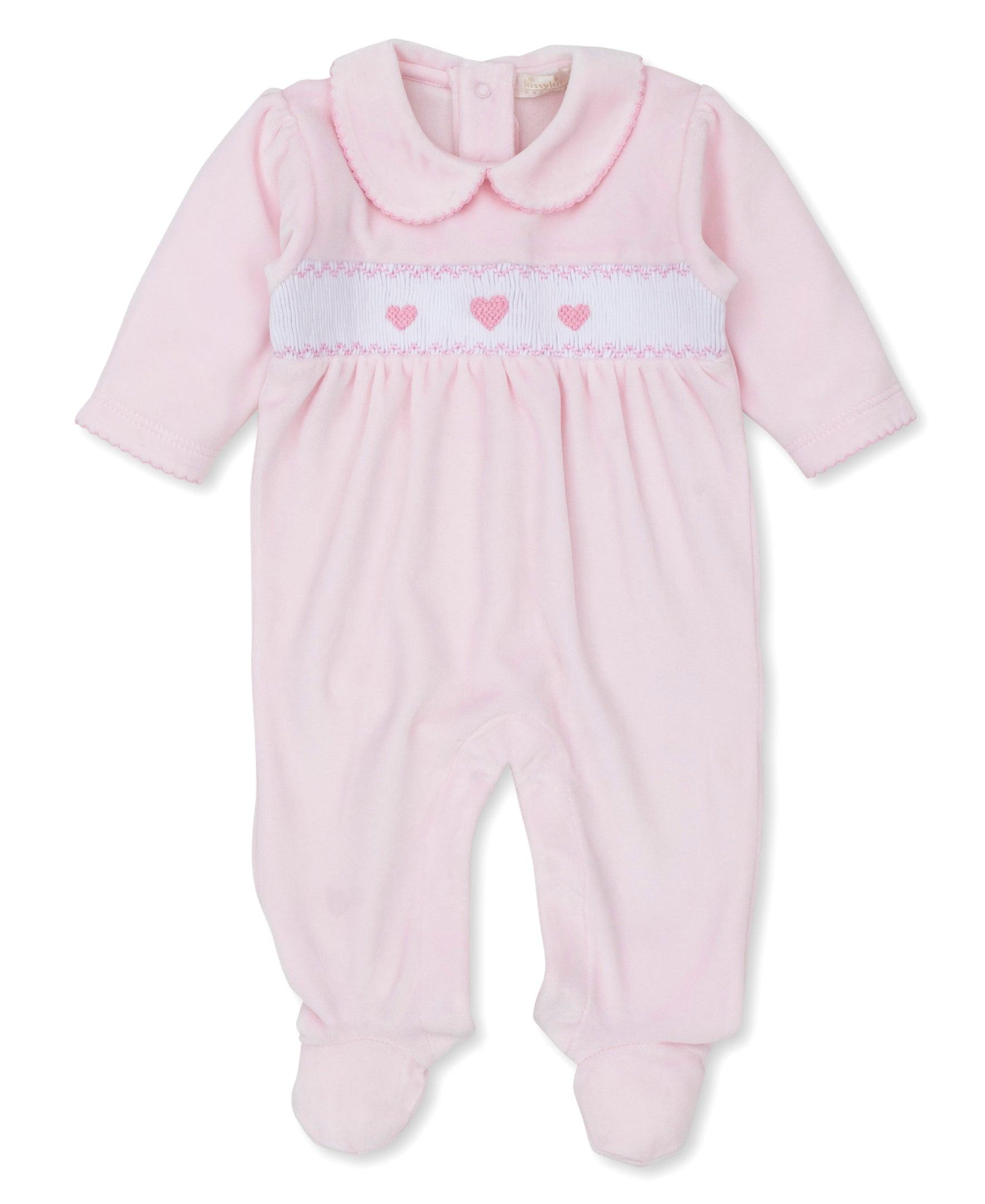 Kissy Kissy Fall MedleyVelour Footie with Hand Smocking, Hearts - shopnurseryrhymes