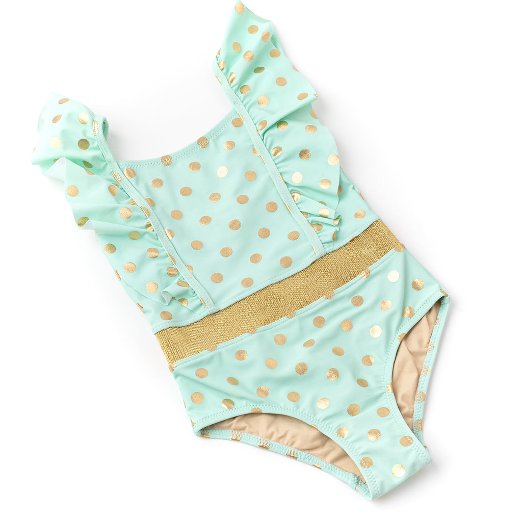 Shade Critters Ruffle Shoulder Swimsuit, Mint and Gold Dot