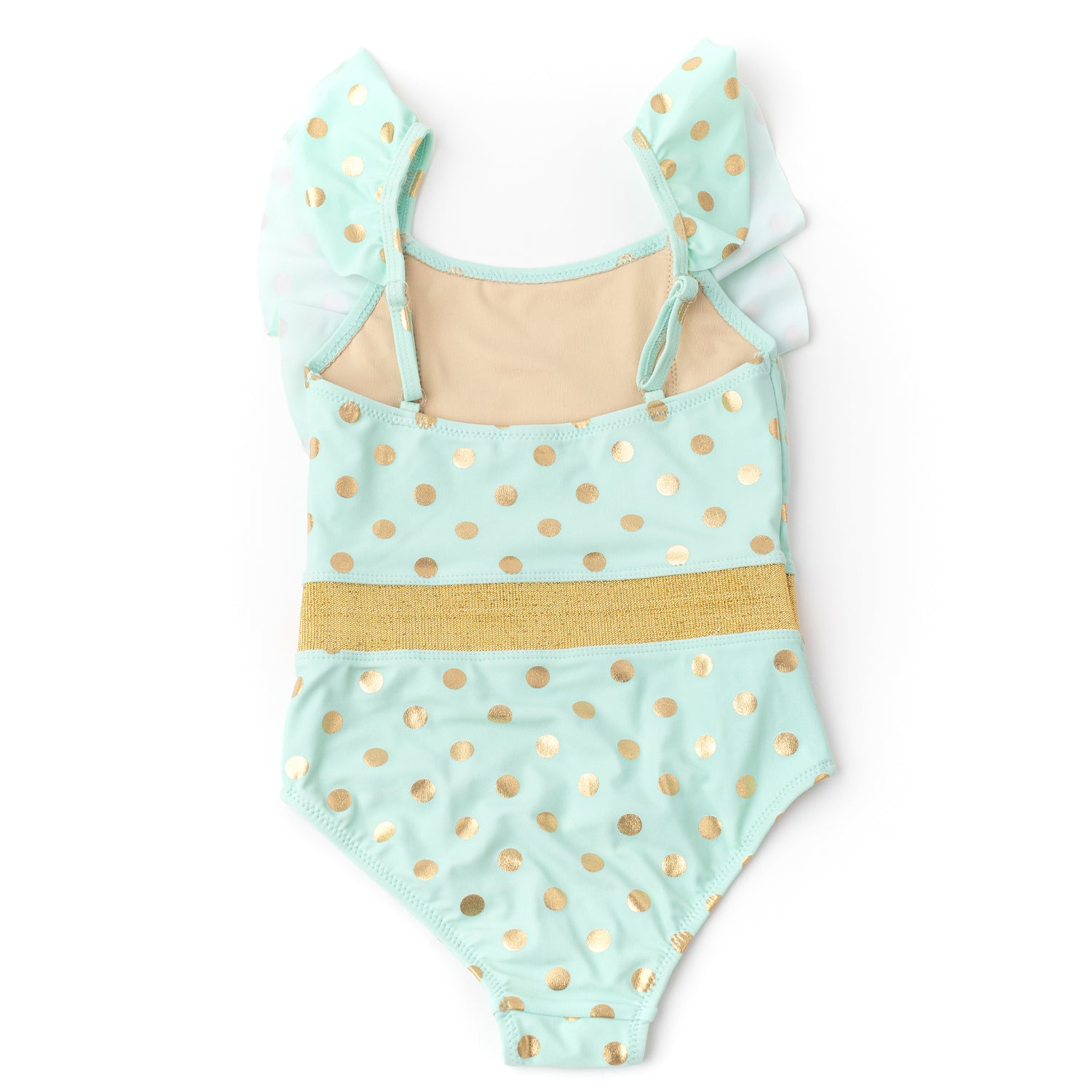 Shade Critters Ruffle Shoulder Swimsuit, Mint and Gold Dot