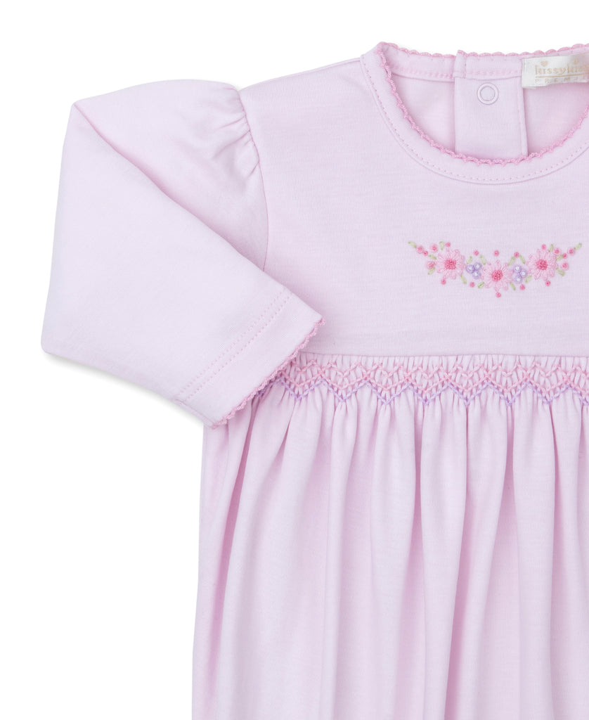 Kissy Kissy Premier Smocked Footie with Pink & Purple Embroidery