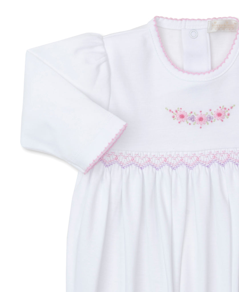 Kissy Kissy Premier Smocked White Sack with Pink & Purple Embroidery