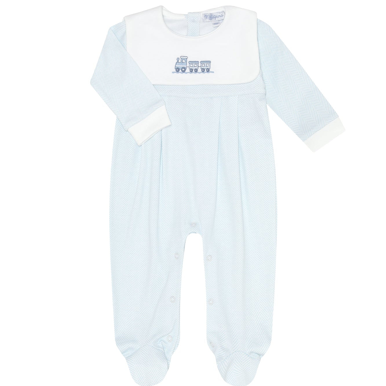 Nella Pima Blue Herringbone Embroidered Collared Footie
