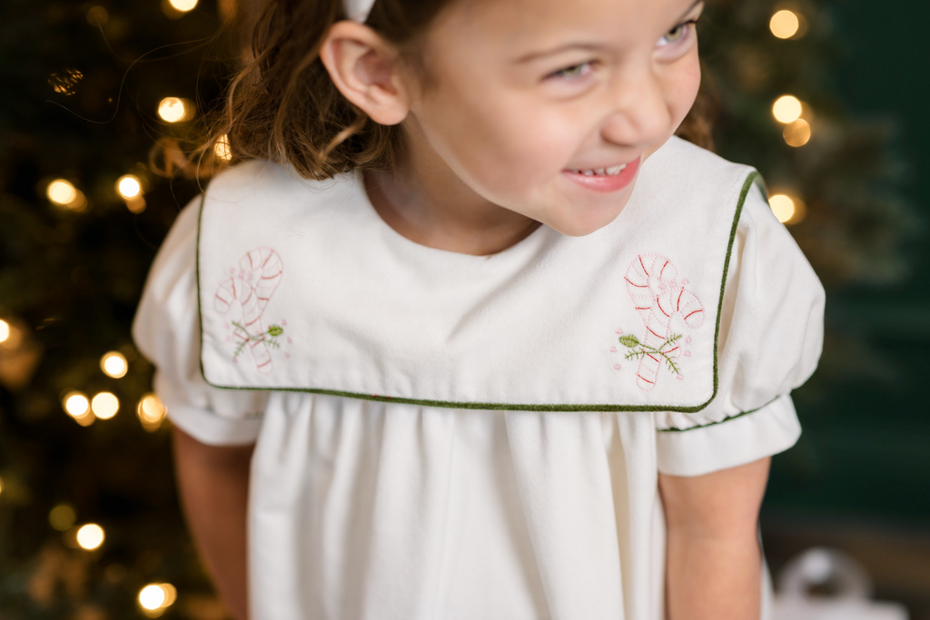 Lullaby Set Hope Chest Dress, Candy Cane on Winter White Velvet