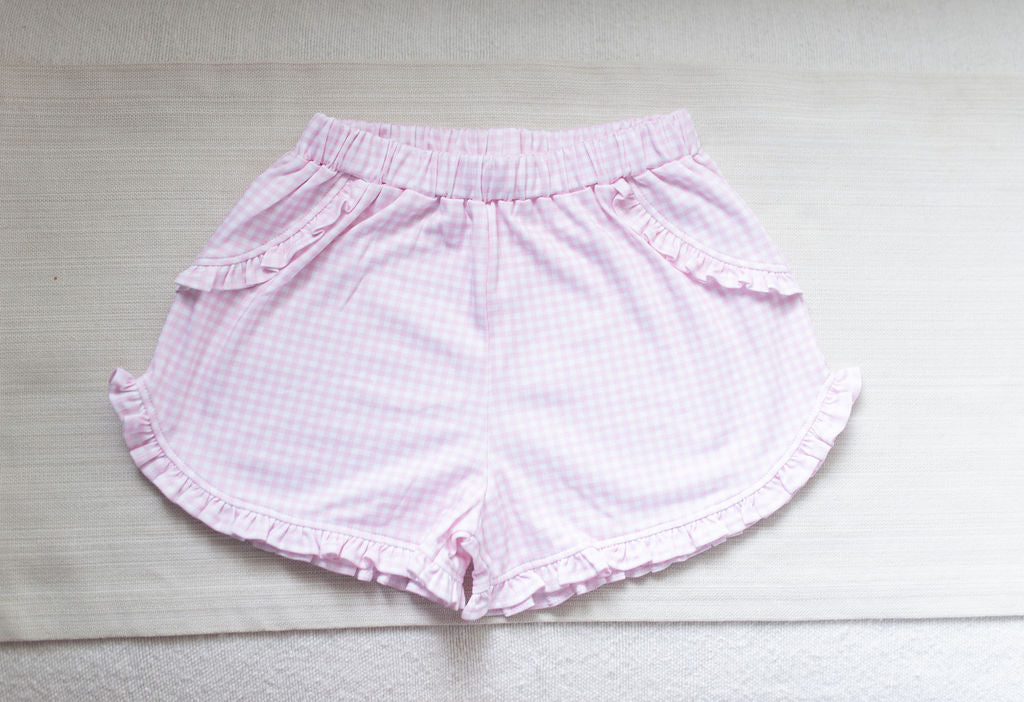 James & Lottie Kinley Ruffled Knit Pima Shorts, Pink Gingham