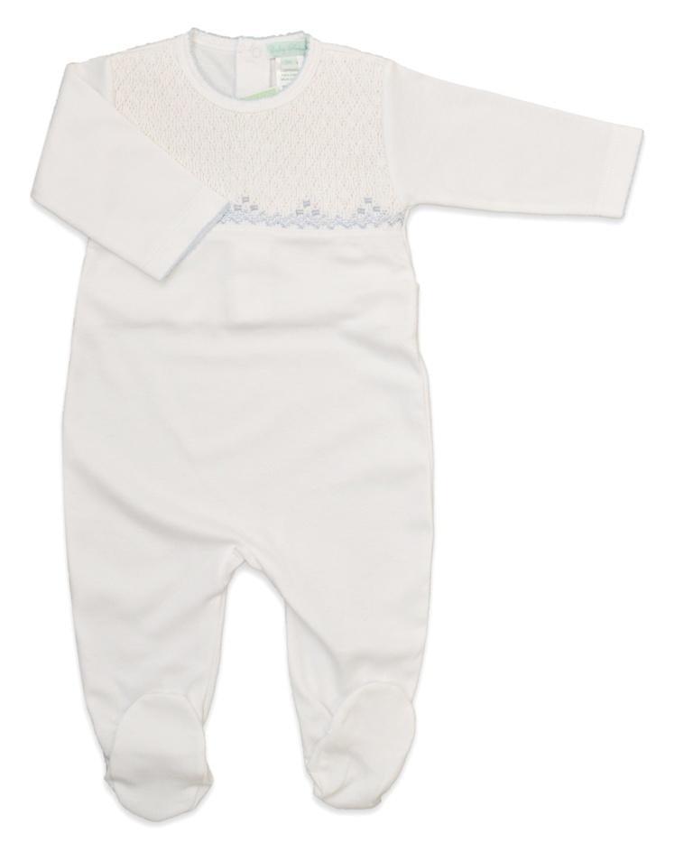 Baby Threads White Footie w/Full Blue Smocking - shopnurseryrhymes