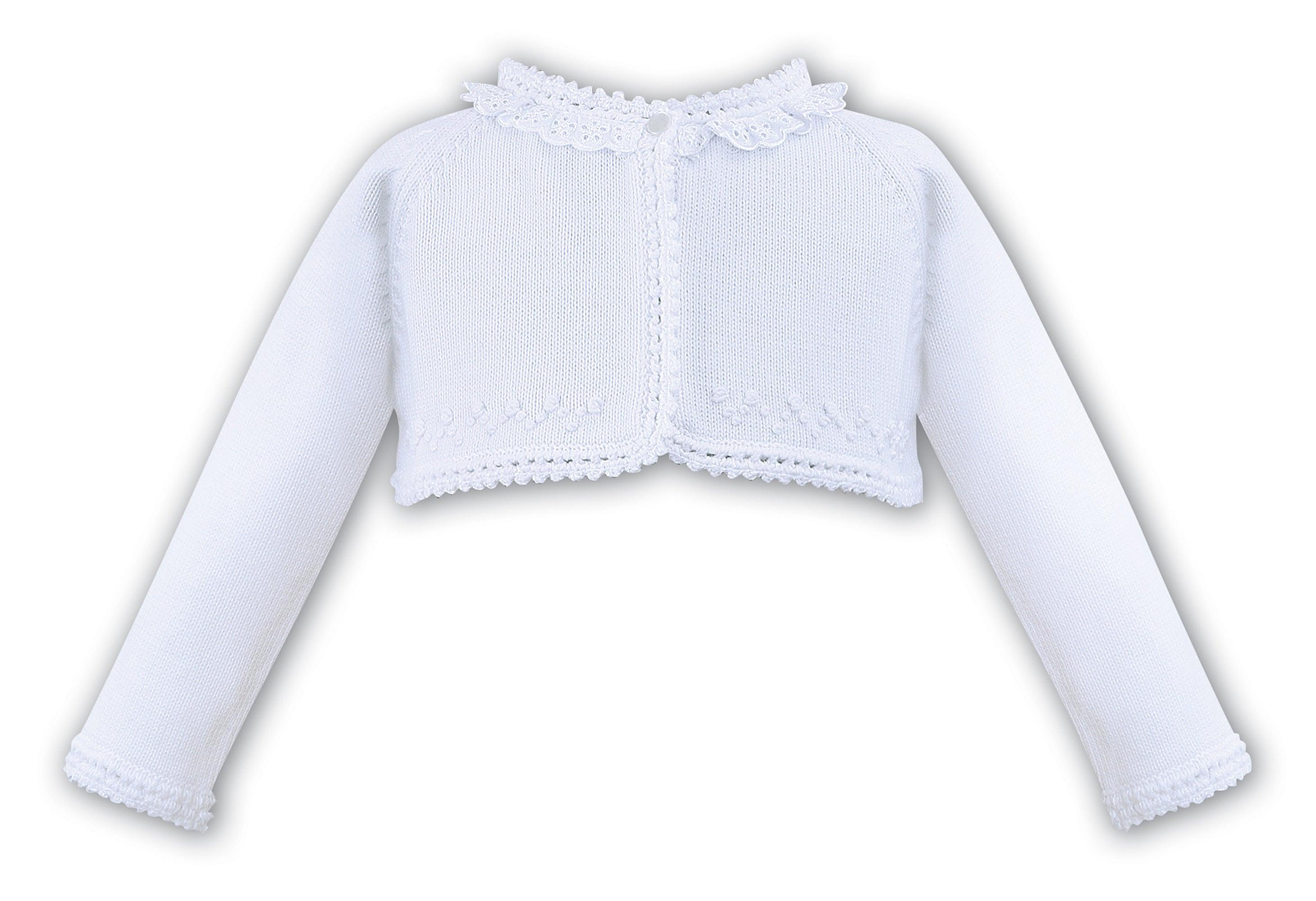 Sarah Louise Cropped White Cardigan with Eyelet Collar - shopnurseryrhymes