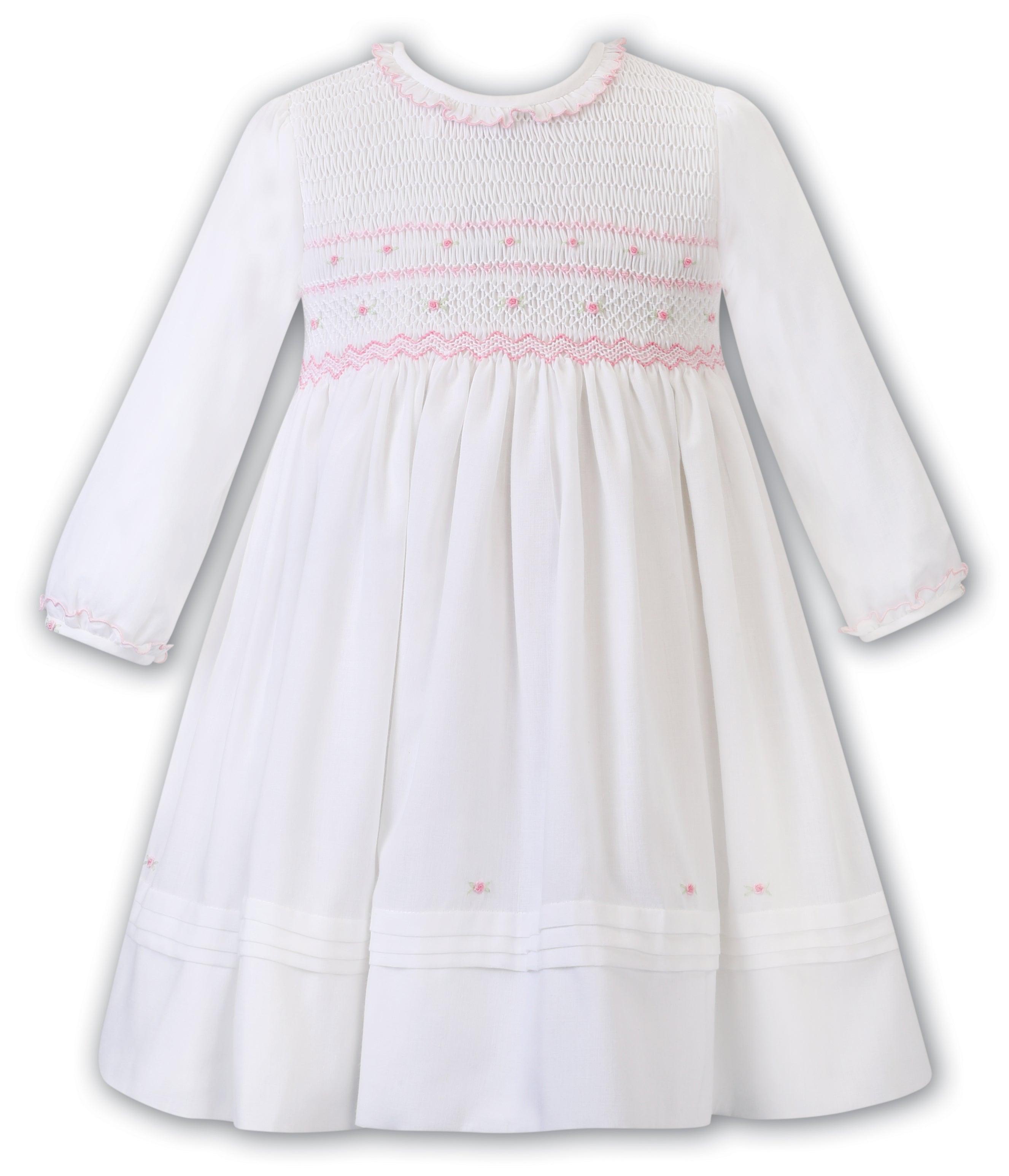 Sarah Louise White Dress with Full Pink Smocking - shopnurseryrhymes