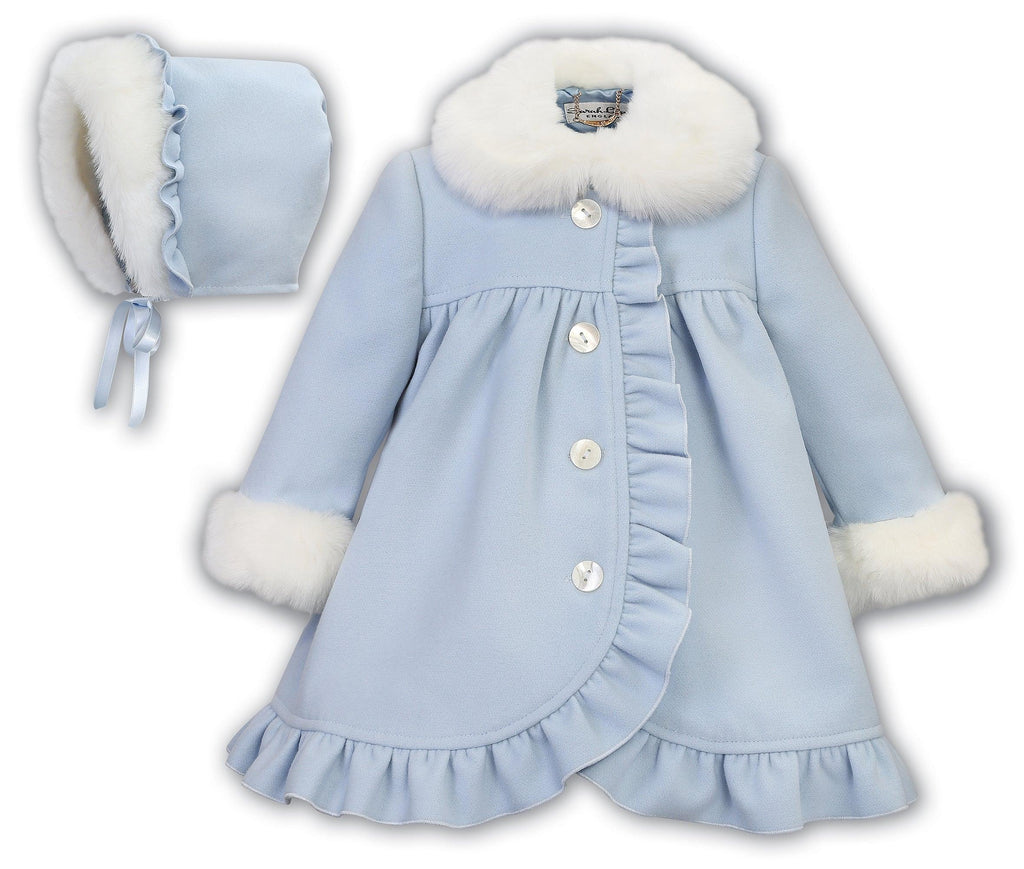 Sarah Louise Blue Fur Trimmed Coat with Bonnet - shopnurseryrhymes