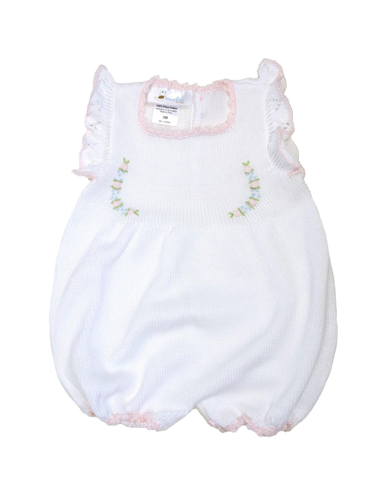 Cuclie White Ruffle Romper with Pink & Blue Flowers