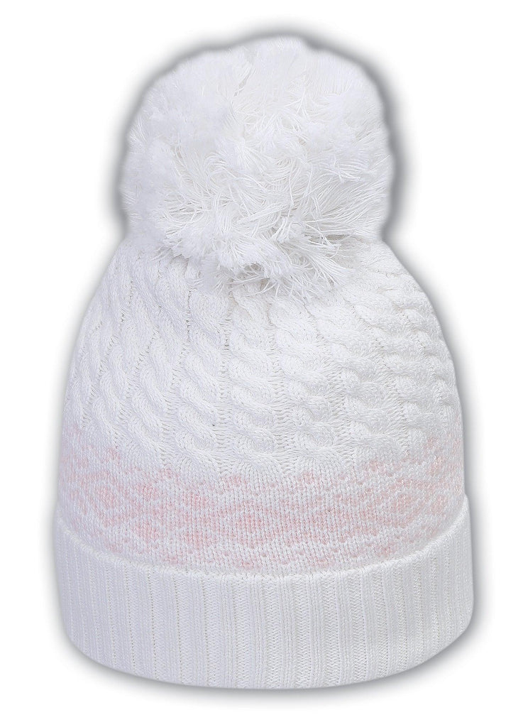 Sarah Louise Pom Pom Hat, White with Pink Detailing - shopnurseryrhymes