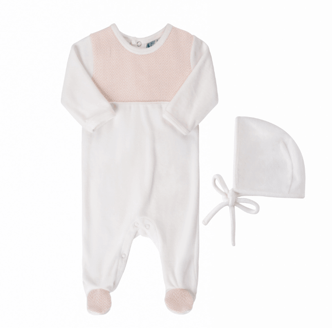 Feltman Brothers White & Pink Chevron Velour Romper with Hat