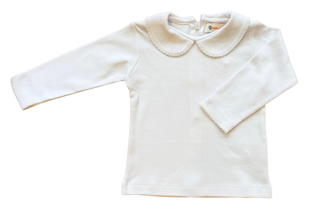 Luigi Girl L/S Knit Blouse White with White Picot Edge, zip back - shopnurseryrhymes