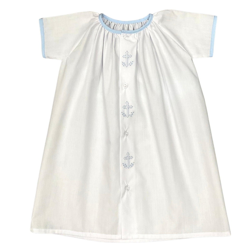 Auraluz Daygown with Blue Trim & Cross Embroidery - shopnurseryrhymes