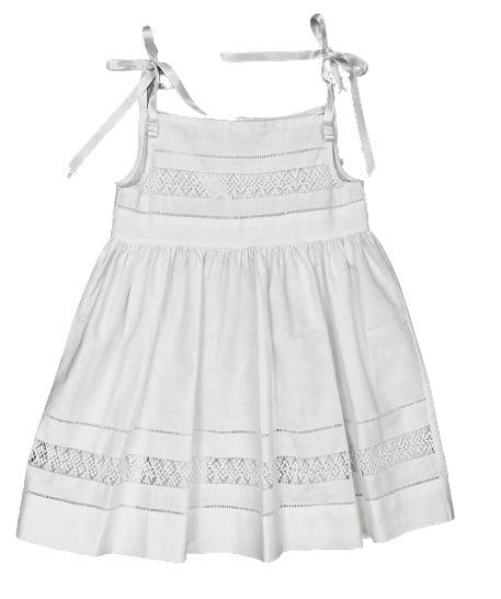 Rendezvous Inc. White Linen Sundress with Intricate Striped Lace Tatting - shopnurseryrhymes