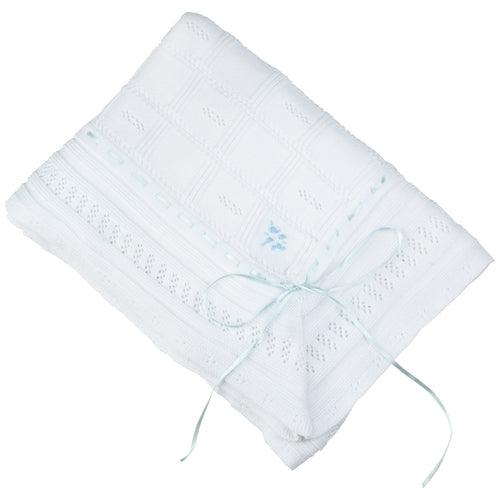 Feltman Brothers White/Blue Ribbon Pointelle Knit Blanket - shopnurseryrhymes