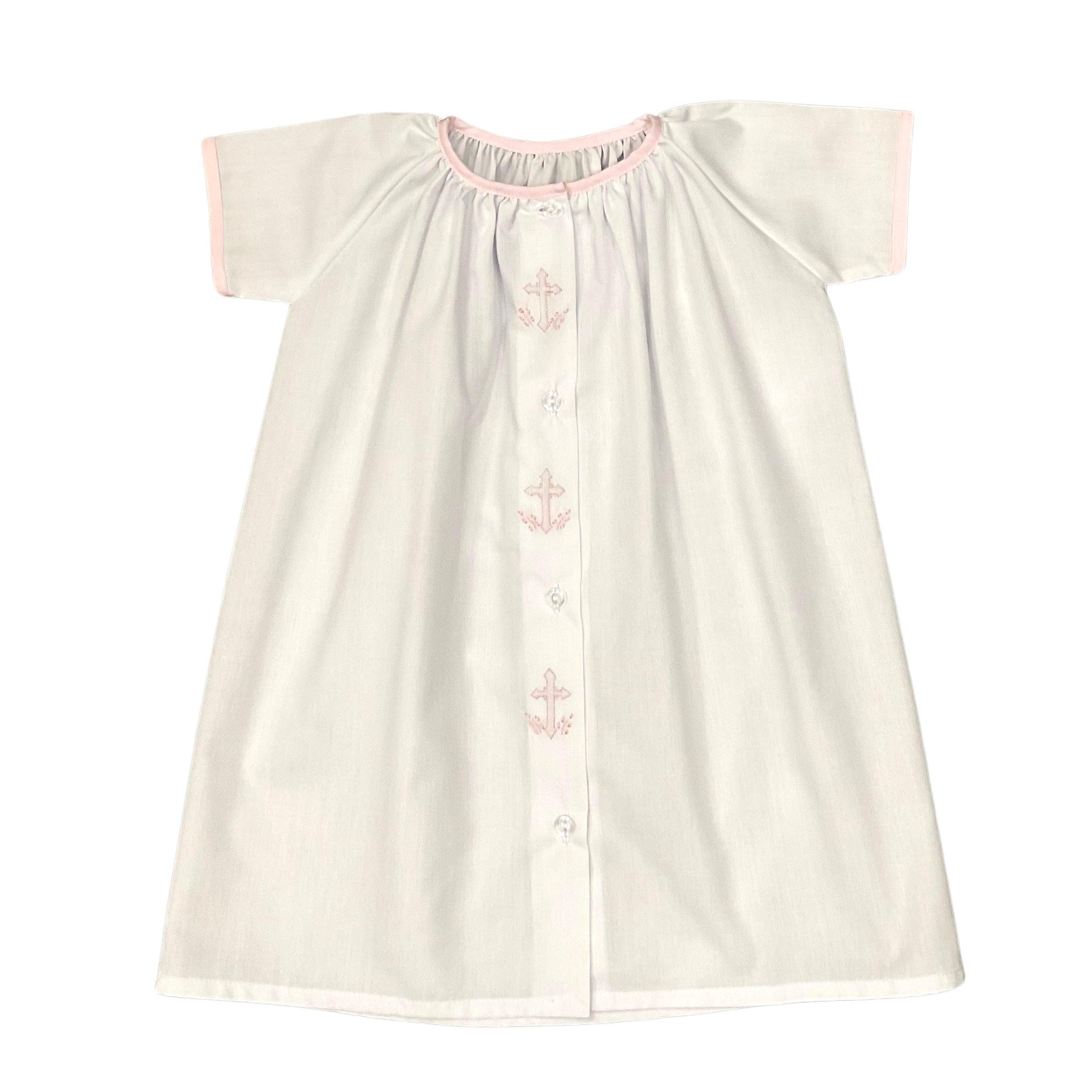 Auraluz Daygown with Pink Trim & Cross Embroidery - shopnurseryrhymes