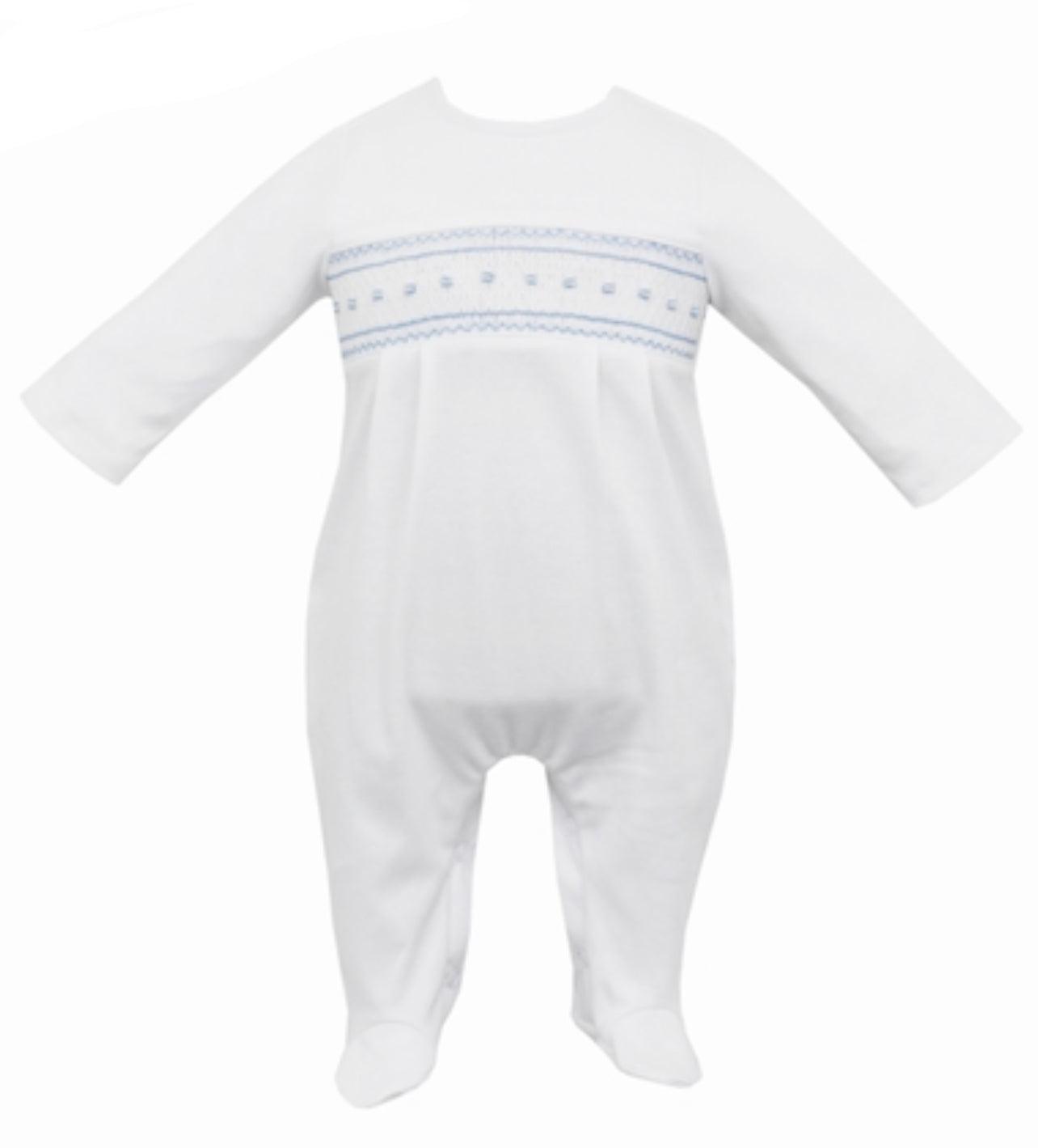 Petit Bebe White Knit Footie with Blue Smocking - shopnurseryrhymes