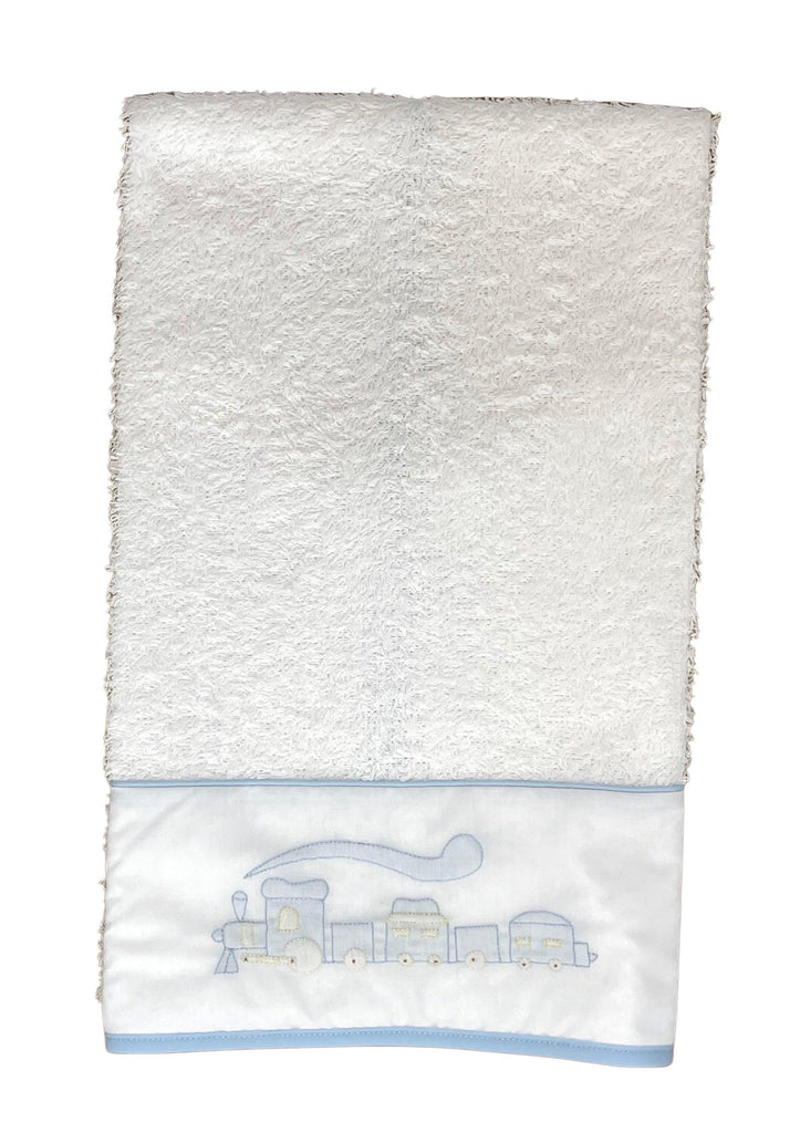 Auraluz Terry Cloth Towel, White with blue train - shopnurseryrhymes