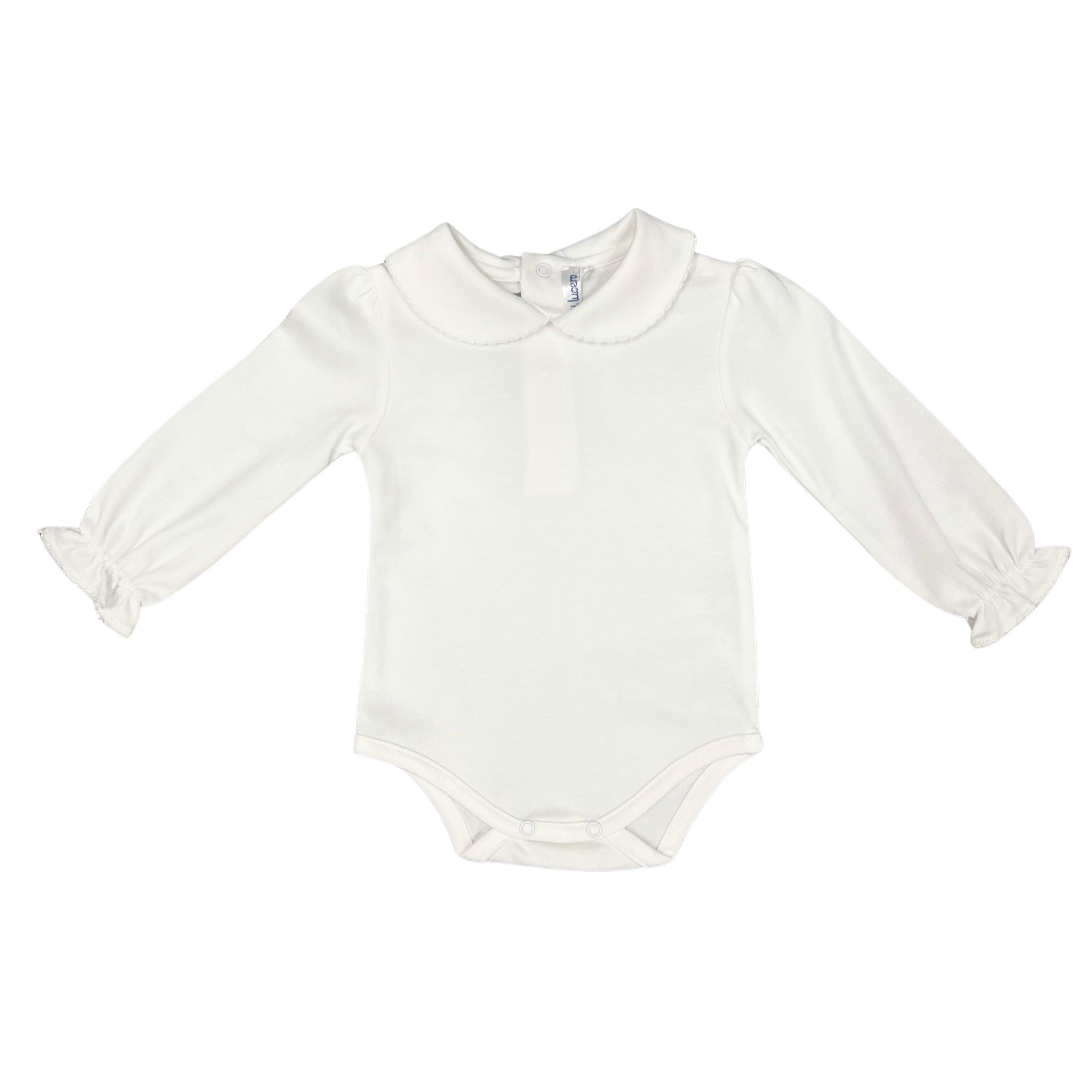 Mi Lucero Round Collar White Picot Onesie with Ruffle Sleeves - shopnurseryrhymes