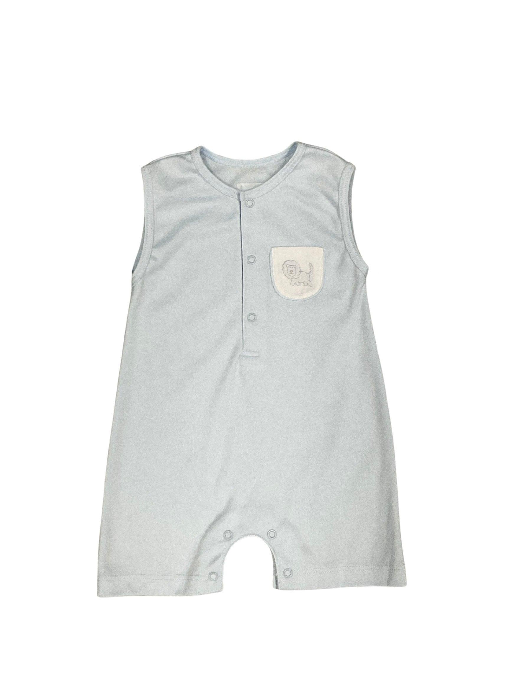 Auraluz Blue Knit Shortall with Lion Embroidery on Pocket - shopnurseryrhymes